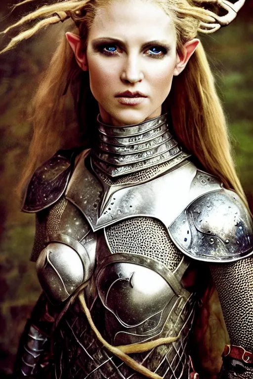 Image similar to head and shoulders portrait of an eldritch knight, elf, beautiful, female, breastplate, magical, high fantasy, d & d, by annie liebovitz, face details, extremely detailed, vogue fashion photo