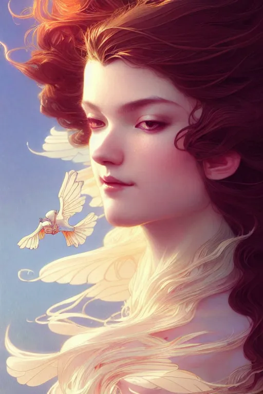 Prompt: 3 / 4 view of a portrait of woman with flowy hair, bird wings, confident pose, pixie, genshin impact, intricate, elegant, sharp focus, illustration, highly detailed, concept art, matte, trending on artstation, bright colors, art by wlop and artgerm and greg rutkowski, mucha, marvel comics