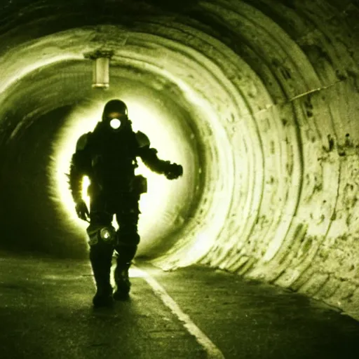 Prompt: a heavily armored man wearing a gasmask, walking through dark tunnel, holding glowing lantern, film still, arriflex 3 5