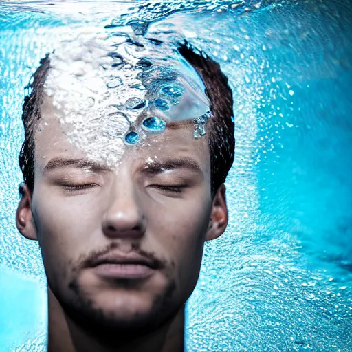 Image similar to spilling water creating a human head out sculpture of water, on the ocean water, ray tracing, realistic water sharp focus, long shot, 8 k resolution, cinematic, amazing water art