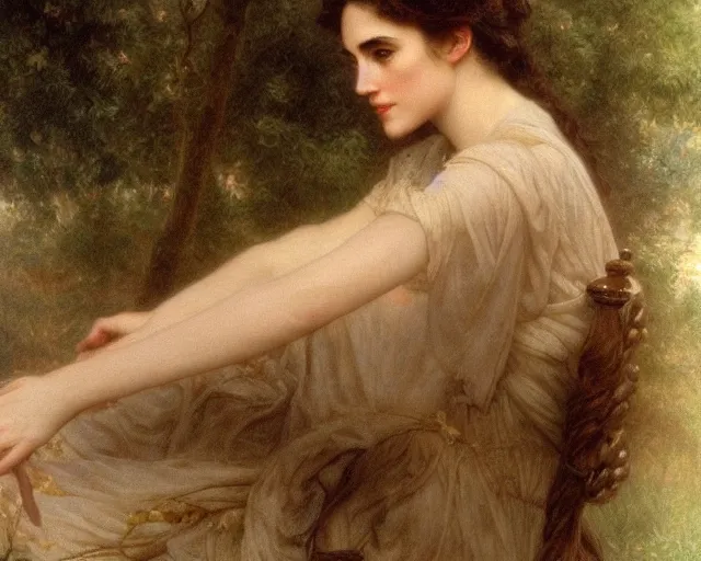 Image similar to portrait en buste of winona ryder kiera knightley in repose by Hughes Merle, by Pierre Auguste Cot, bouguereau, perfect detailed eyes, realistic fabric, abundant detail, dramatic pose