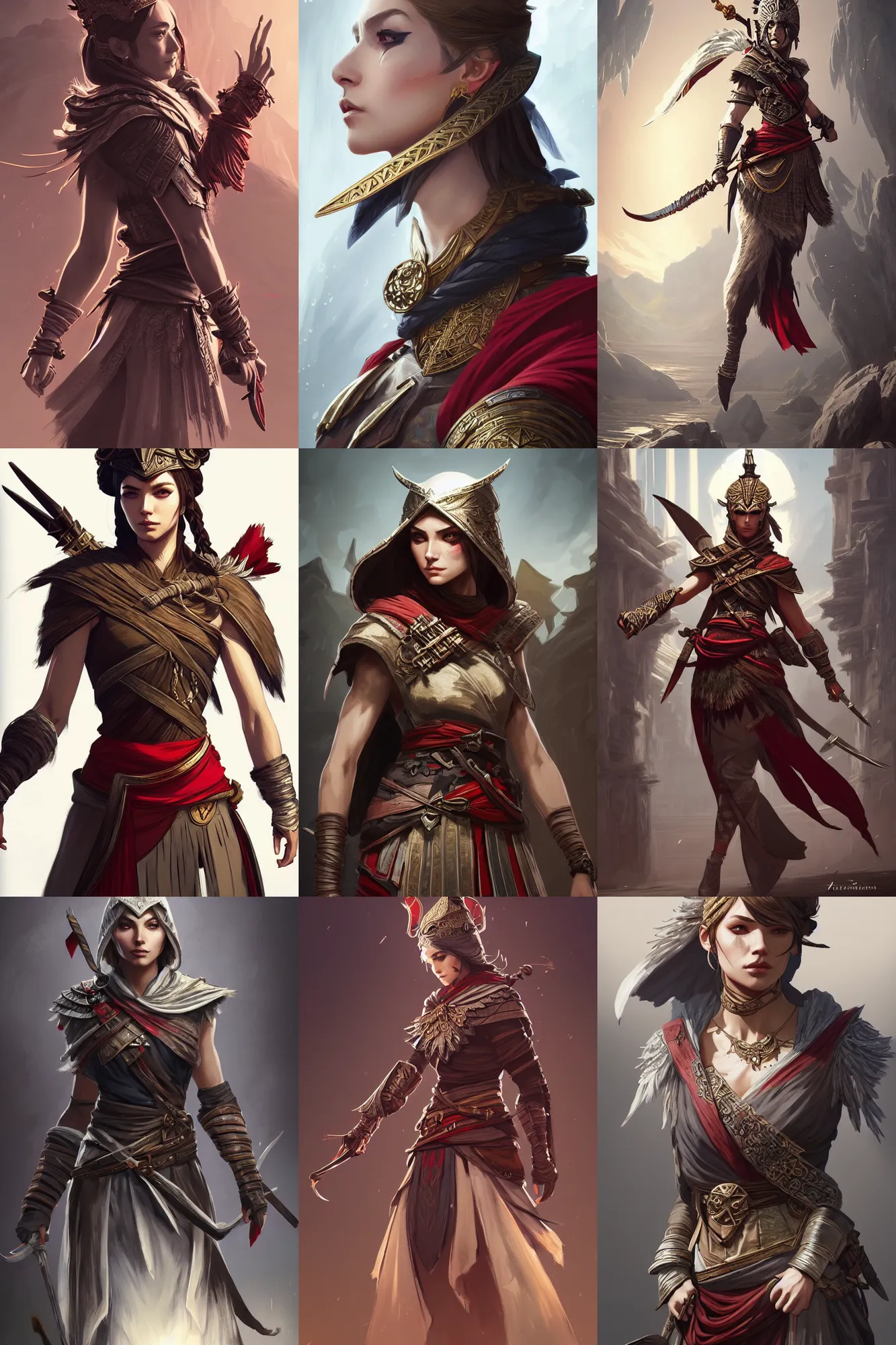 Prompt: fashion and character design spot illustrations from ghost of tushima combined with assassin's creed odyssey, d & d, fantasy, intricate, elegant, highly detailed, digital painting, artstation, concept art, matte, sharp focus, illustration, hearthstone, art by artgerm and greg rutkowski and alphonse mucha