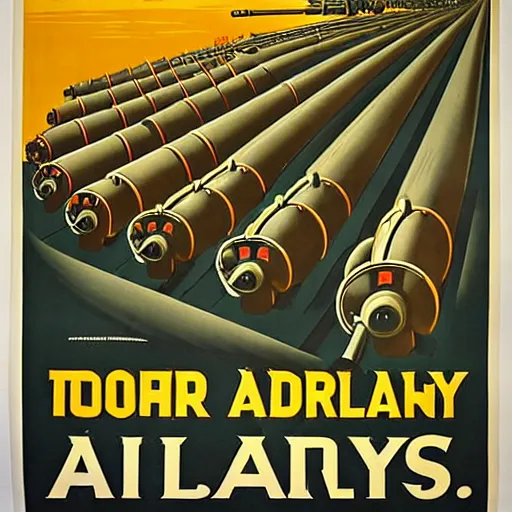 Prompt: propaganda poster featuring an extremely large number of artillery cannons, artillery, guns, limited palette, ww 1