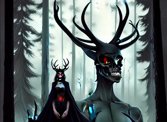 Image similar to style artgerm, joshua middleton, steve niles, diego fazio, marc simonetti : : scary wendigo with antlers and skull face mixed with werewolf : : [ beautiful witch wearing a black dress, symmetrical face, on the right side ] : : in the forest, detailed, dark and foggy, cinematic lighting