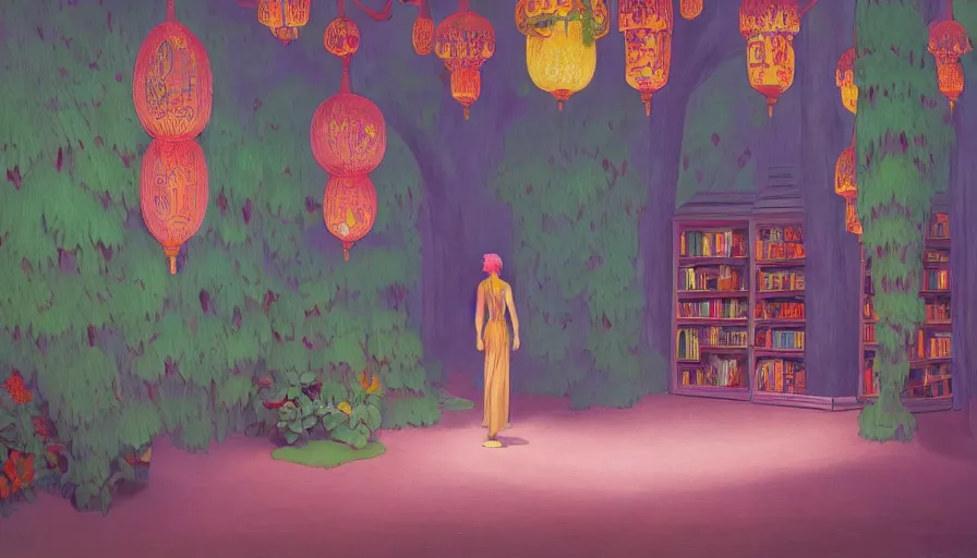 Prompt: a vibrant dream of a beautiful dreamy feeling hidden forest bookstore, lush plants and lanterns, a woman wearing a gucci dress is exploring the books, high fashion, by moebius, edward hopper and james gilleard, zdzislaw beksinski, steven outram hd, 8 k, artstation