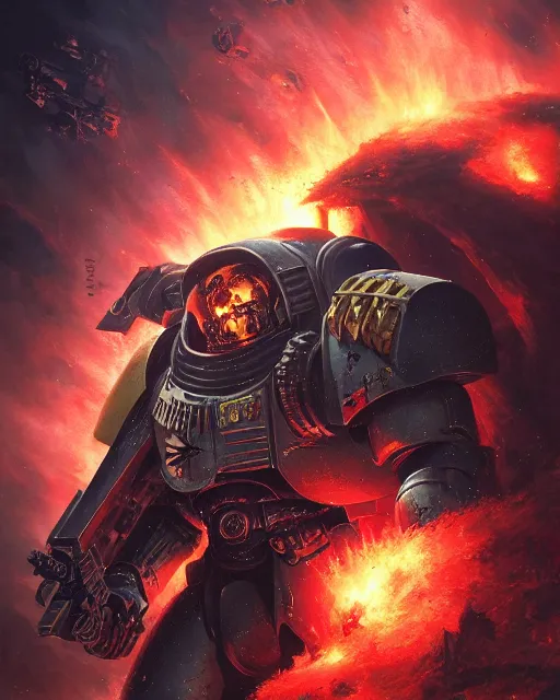 Image similar to space marine surrounded by explosions and burning buildings, sharp focus, hyper detailed, dark fantasy, warhammer 4 0 k, digital painting, by by artgerm and greg rutkowski and magali villeneuve