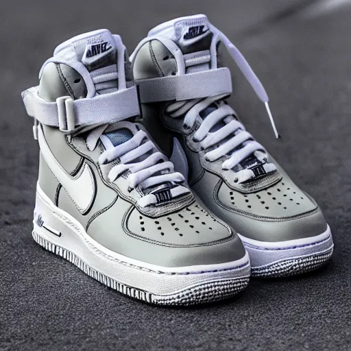 Prompt: The soles, bottoms of White Nike Air Force One Sneakers