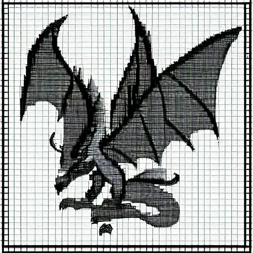 Image similar to blueprint of a fantasy dragon pixel art