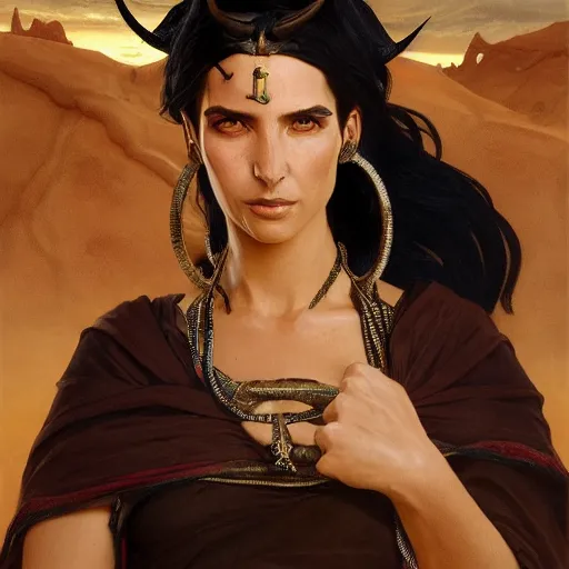 Prompt: portrait of a berber tiefling woman with black hair in a desert, strong, fierce, elegant, fantasy, highly detailed, digital painting, artstation, concept art, character art, art by greg rutkowski and tyler jacobson and alphonse mucha