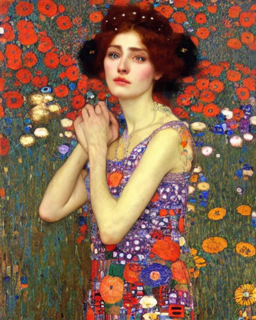Prompt: a beautiful woman in a colorful dress surrounded by colorful patterns and flowers by gustave klimt and edgar maxence and john william waterhouse and michael whelan, artistic, intricate realistic fantasy, extremely detailed and beautiful face, 8 k resolution, dramatic lighting
