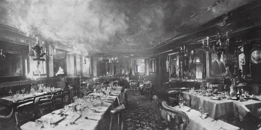 Image similar to the interior of a luxury restaurant that is burning while monsters appear in the background, 1 9 0 0 s photograph