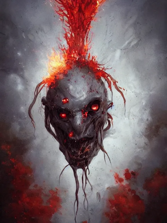 Image similar to painting by greg rutkowski of a flying sorrowful looking human head with tears running down it's eyes, face that is chalk white in color, with long sprawling white tentacles stemming down it's neck, fiery scorching red eyes, flying in a terrying hellish dark cavernous place