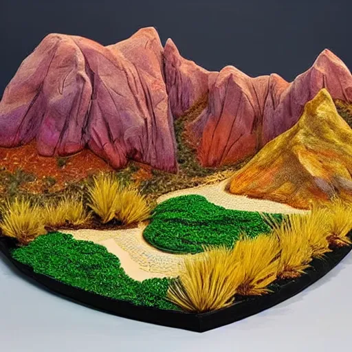 Prompt: This sculpture is simply stunning. It is a beautiful landscape sculpture of a desert scene, with mountains in the background and a bright sky. The colors are so vibrant and the detail is amazing. It is a truly beautiful sculpture. Diorama. Macrophoto