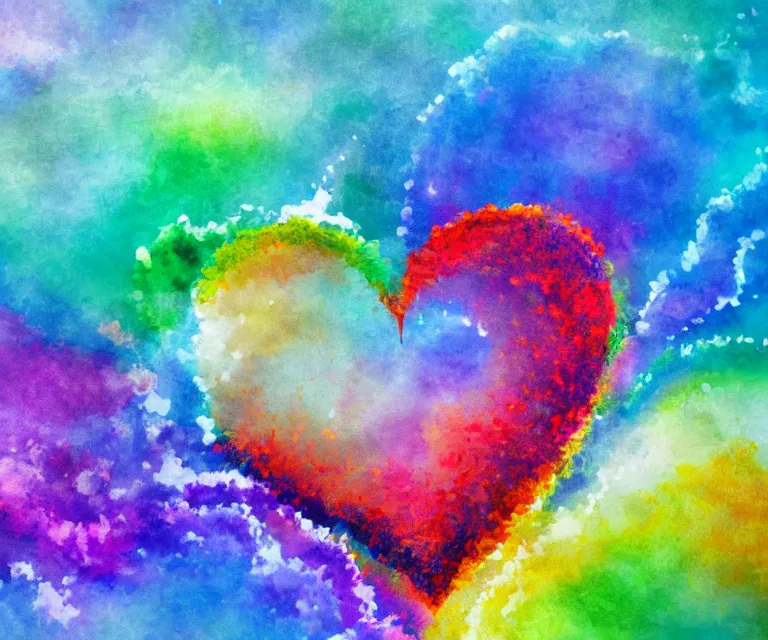 Image similar to heart - shaped clouds, water painting, colorful