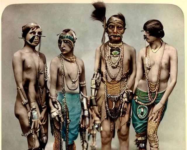 Image similar to 1 9 2 0 s colorized photographs of the lost tribes of del shoob and their amazing ornate jewelry and cyborg - like body modifications