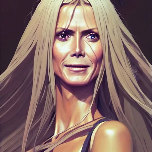 Image similar to a film still portrait of heidi klum, finely detailed features, perfect art, at an ancient city, gapmoe yandere grimdark, trending on pixiv fanbox, painted by greg rutkowski makoto shinkai takashi takeuchi studio ghibli, akihiko yoshida