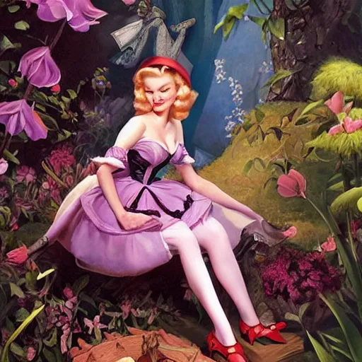 Image similar to Alice in wonderland, detailed painting by Ross Tran and Gil Elvgren