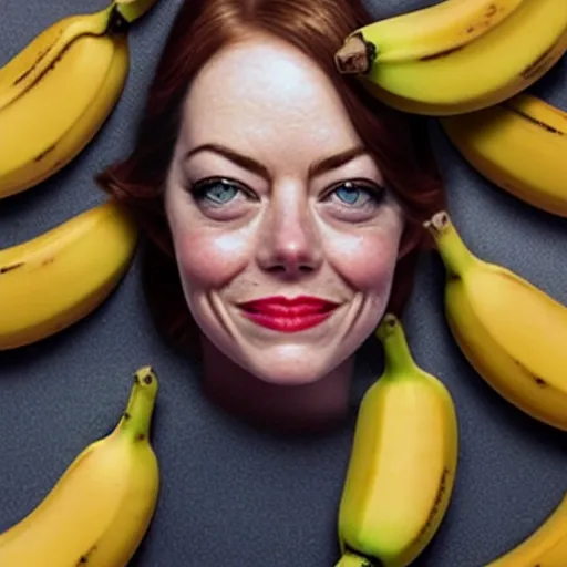 Image similar to a banana fruit that has the accurate facial expressions of emma stone on it, dark humor, dalle 2 generation