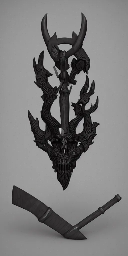 Image similar to a black and silver axe skull crest, ornament, weapon, render by dom qwe, trending on polycount, artstation, hard surface modeling, zbrush