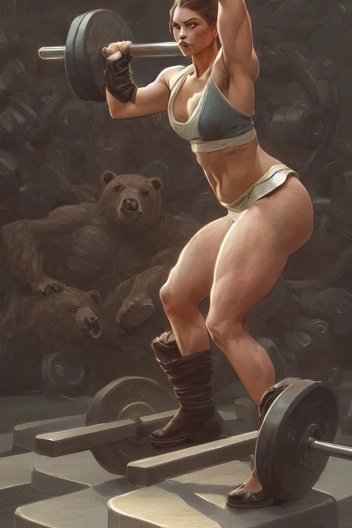 Image similar to anthro bear lifting weights, dim dingy gym, dynamic pose, fantasy, intricate, elegant, highly detailed, digital painting, artstation, concept art, matte, sharp focus, illustration, art by artgerm and greg rutkowski and alphonse mucha