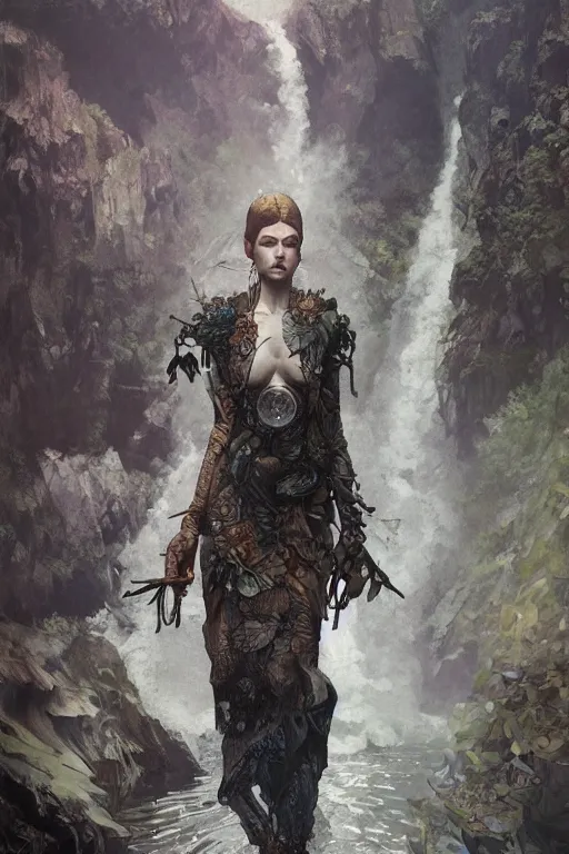 Image similar to a full body portrait of a beautiful post apocalyptic offworld neoicelandic biofarmer swimming by the waterfalls, intricate, elegant, highly detailed, digital painting, artstation, concept art, smooth, sharp focus, illustration, art by krenz cushart and artem demura and alphonse mucha