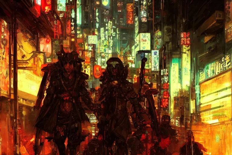 Prompt: portrait full body samurai cyberpunk futur tokyo city night club by gaston bussiere, greg rutkowski, yoji shinkawa, yoshitaka amano, moebius, tsutomu nihei, donato giancola, tim hildebrandt, oil on canvas, trending onartstation, featured on pixiv, cinematic composition, extreme detail