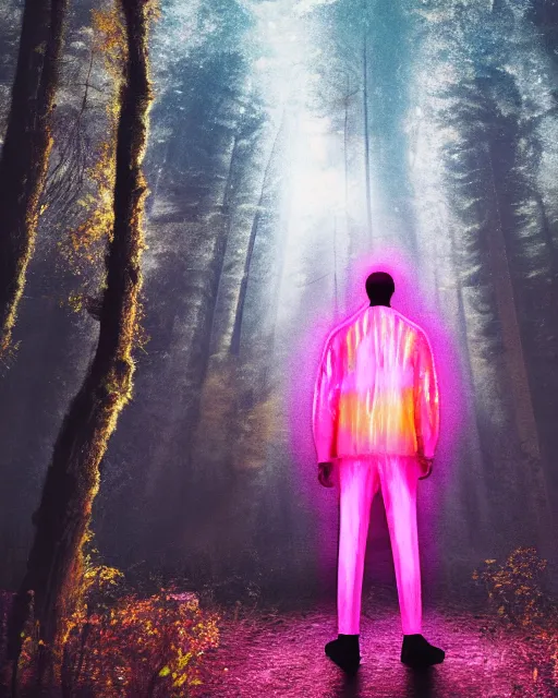 Prompt: man with glowing pink afro wearing disco jacket, standing in atmospheric spring forest at night, photoshop digital painting, best of artstation 4 k