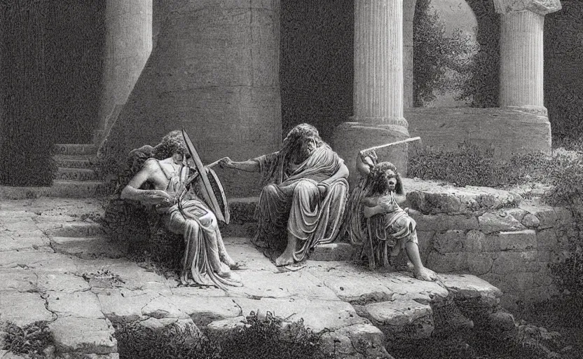 Image similar to the great greek warrior plays the lyre, his young friend listens beside him, the edge of the universe from the book of the long sun by gene wolfe, by gustave dore