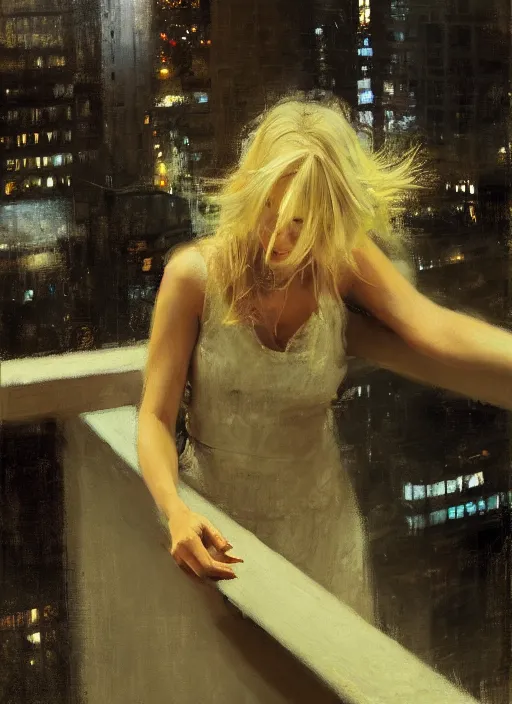 Image similar to painting of a beautiful blonde woman leaning over a balcony at night, looking down at the out of focus cityscape below, by Jeremy Mann, stylized, detailed, dark tones, emotional