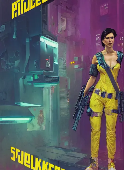 Prompt: cyberpunk female police trooper wearing pink jumpsuit and pointing a yellow belt fed pistol. advertisement for pistol. cyberpunk ad poster by james gurney, azamat khairov, and alphonso mucha. artstationhq. painting with vivid color, cell shading. buy now! ( rb 6 s, cyberpunk 2 0 7 7 )