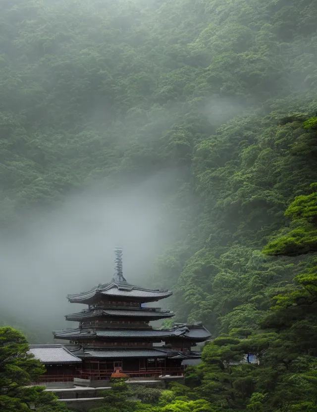 Image similar to a cinematic photo of an ancient japanese hot springs temple on the top of a mountain in a misty bamboo cloud forest