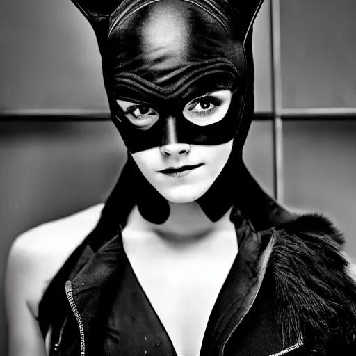 Prompt: Emma Watson as Catwoman, XF IQ4, 150MP, 50mm, f/1.4, ISO 200, 1/160s, natural light, Adobe Lightroom, photolab, Affinity Photo, PhotoDirector 365, filling the frame, rule of thirds, symmetrical balance, depth layering, headroom