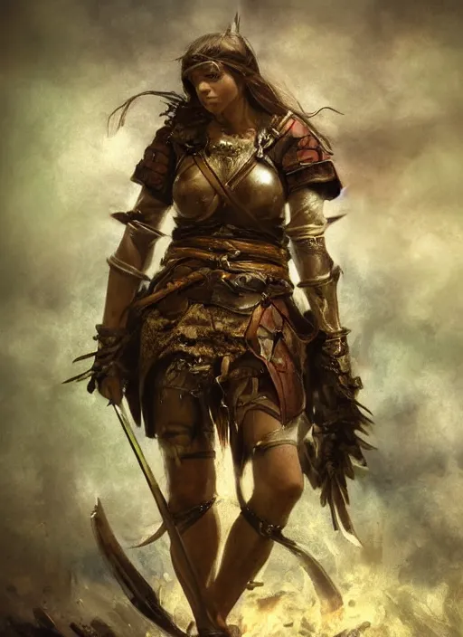 Image similar to hyper realistic photo of medieval beautiful warrior girl, full body, rule of thirds, conceptart, saturated colors, jean baptiste monge