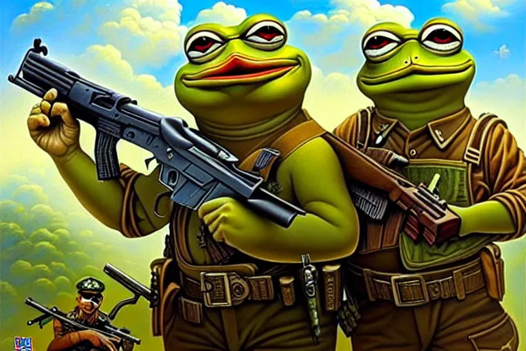 Image similar to portrait of pepe the frog and josef stalin with guns fighting a drug cartel, an oil painting by ross tran and thomas kincade