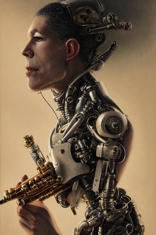 Image similar to a beautiful ultradetailed vintage photo of cyborg playing an oboe, by tom bagshaw and anna dittman, couples portrait, vignette, 3 5 mm lens, golden ratio composition, detailed faces, studio photography, very detailed, humanoids, industrial robots, artstation, 8 k, highly coherent