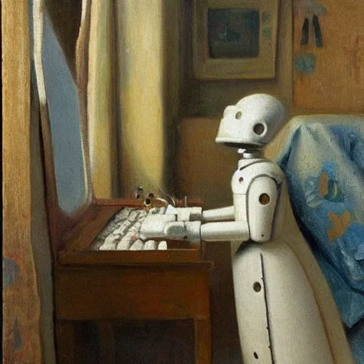 Image similar to android poete maudite, starving robot artist in a parisian garret, nineteenth - century domestic realism, oil on canvas