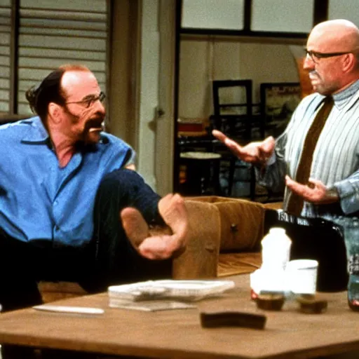 Prompt: Walter White talking to Jerry on the set of Seinfeld.