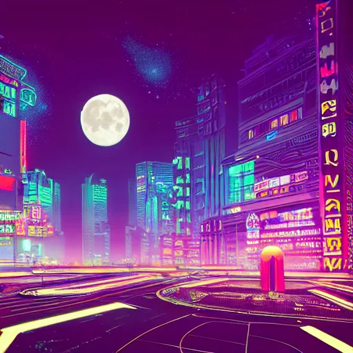 Image similar to a cityscape with a big moon, vaporwave, synthwave, glowing neon lights, detailed illustration, octane render, god rays, intricate, epic lighting, cinematic composition, hyper realistic, 8 k resolution, unreal engine 5, by artgerm, tooth wu, dan mumford, beeple, wlop, artstation