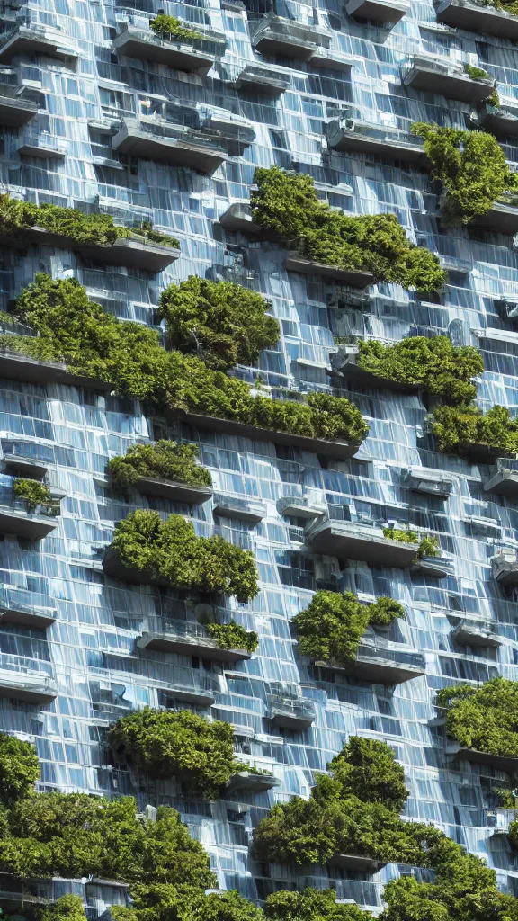 Prompt: ultrarealistic photo of a sustainable futuristic building in a urban setting. the close - up photo of the building has many deep and tall balconies covered in plants and trees. thin random columns, large windows, deep overhangs. intense color fabric and plants hang from balconies. greeble articulated details with plants. sharp focus. 8 k