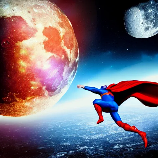 Prompt: Superman crashing into the surface of the moon, galaxy background, cinematic composition, ultra detailed, hyper realistic, artstation