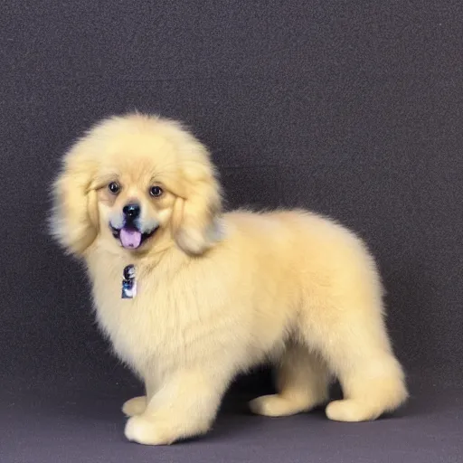 Image similar to a beautiful blonde Tibetan Spaniel but as a plush toy, studio photo