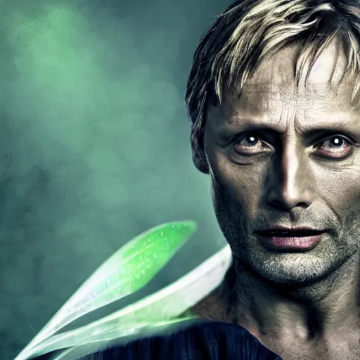 Image similar to mads mikkelsen dressed as tinkerbell from disney's peter pan, green fairy dress, grim facial expression, high medieval fantasy, full color digital art, cinematic shot, portrait, wide shot.