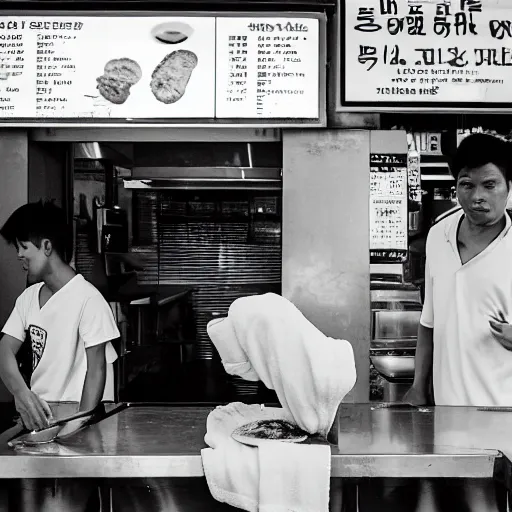 Image similar to a photograph of pikachu, with a towel over his neck, flipping roti prata at a hawker stall in singapore, nikkor 3 5 mm f / 4. 5, press photography