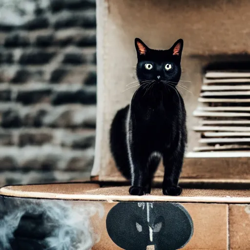 Prompt: black cat smoking cigar and wearing suit. award winning photo. high quality high fidelity. 4 k. unsplash.