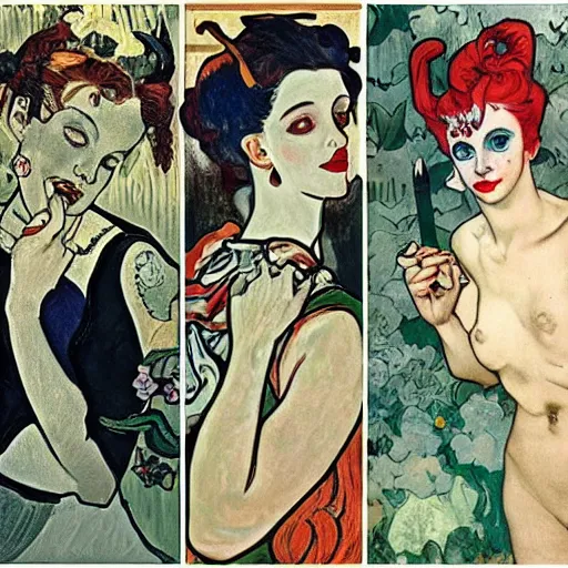 Prompt: harley quinn at the cucumber soup party, elegant, clear, alphonse mucha, vincent van gogh, egon schiele,