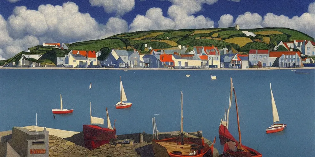 Prompt: a painting of the harbour at Herm, Channel islands, small houses, boats, sea, stormy clouds, by René Magritte