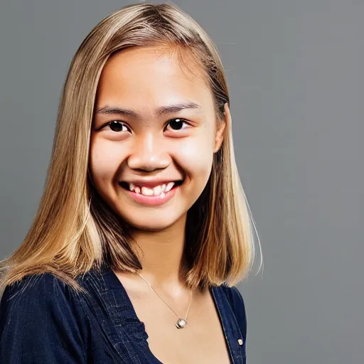 Prompt: a Dutch-Indonesian girl with blond hair, dark eyes and a friendly smile with a small gap between her teeth, realistic studio photo