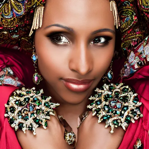 Image similar to close shot portrait of a lavish woman of society, wearing embellished jewelry and attire with woven flourishes, learned gaze in the eyes, bokeh, light from top right, diverse textures