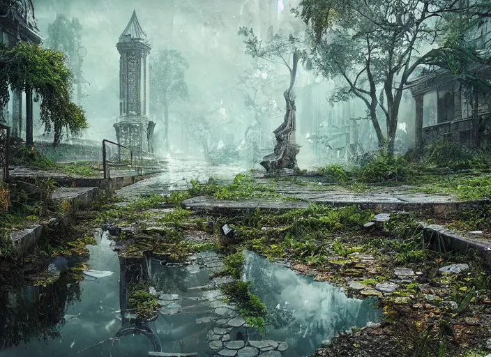 Image similar to abandoned city on overgrown forest, fantasy, ornate, hyper realism, wet reflections, intricate, realistic, digital art, detailed, studio shot, unreal engine 5, octane, high definition, smooth, artstation, behance