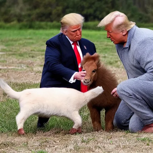 Prompt: donald trump and vladimir putin at animal farm petting animals
